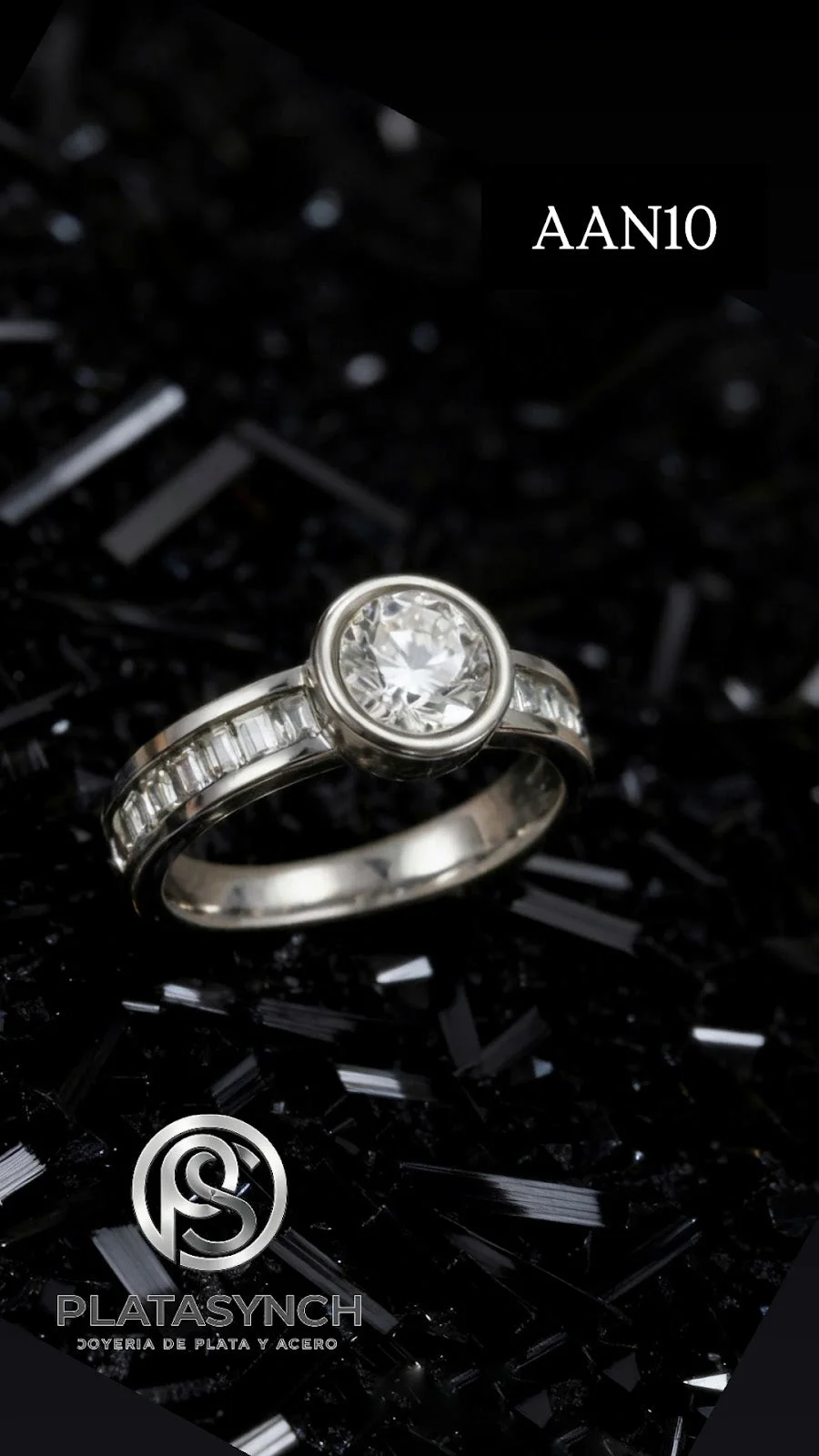 AAN10 - Anillo Acero plateado- piedra y de circoneas transtarentes