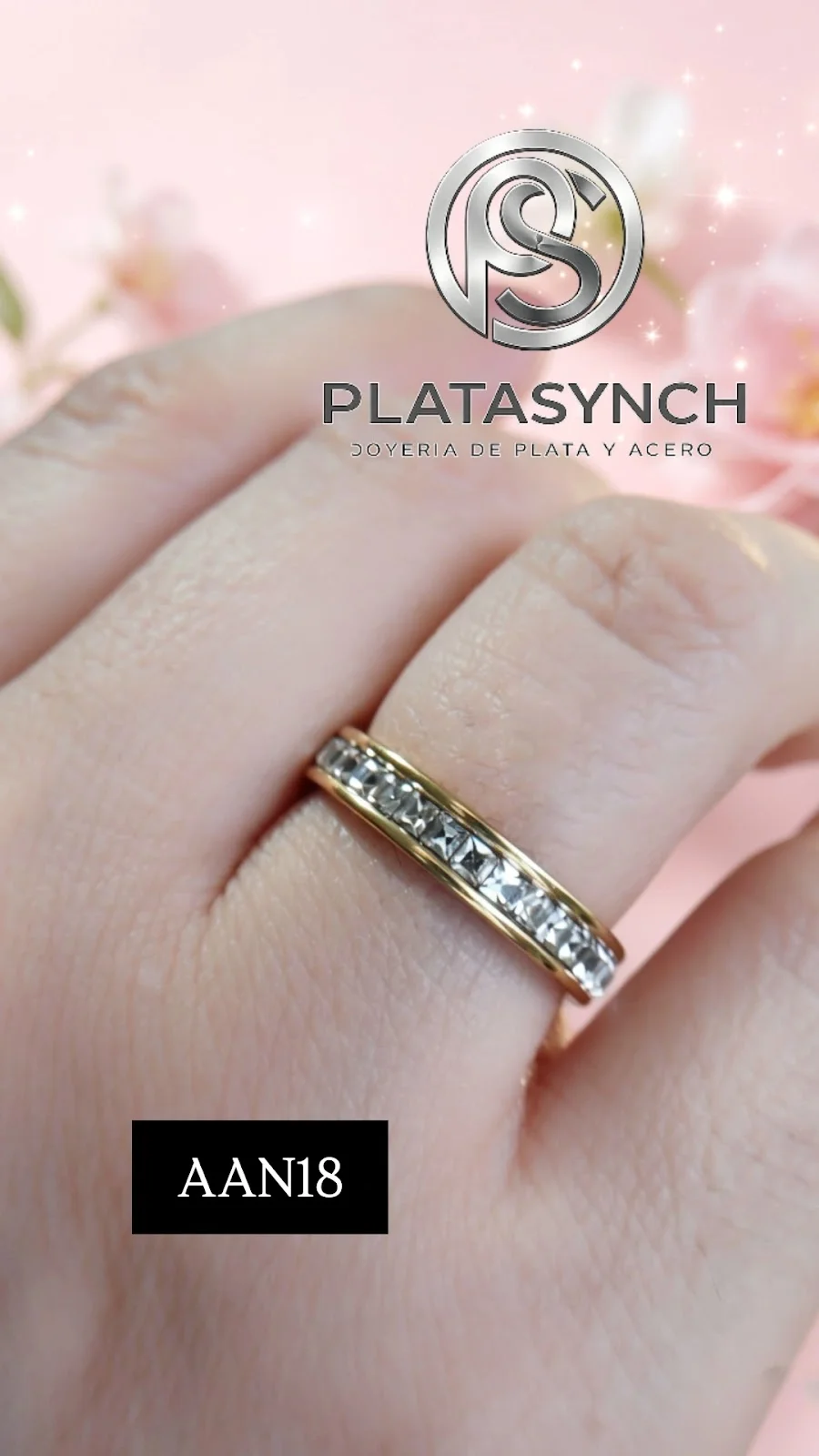AAN18 - Anillo Acero Dorado circoneas cubicas