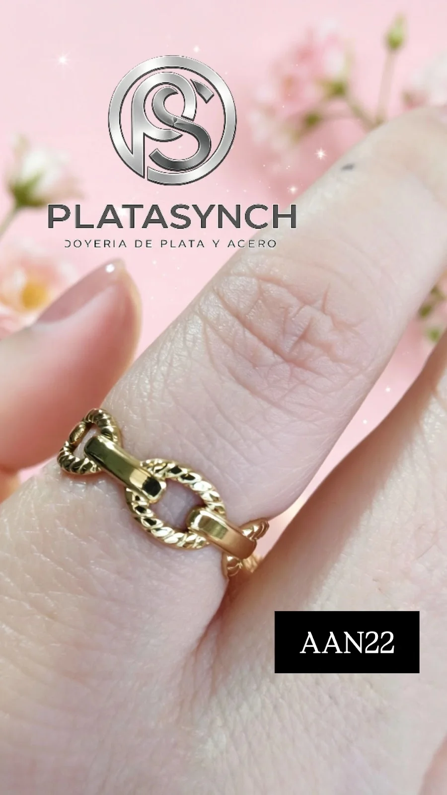 AAN22 - Anillo Acero Dorado,Eslabones cruzados