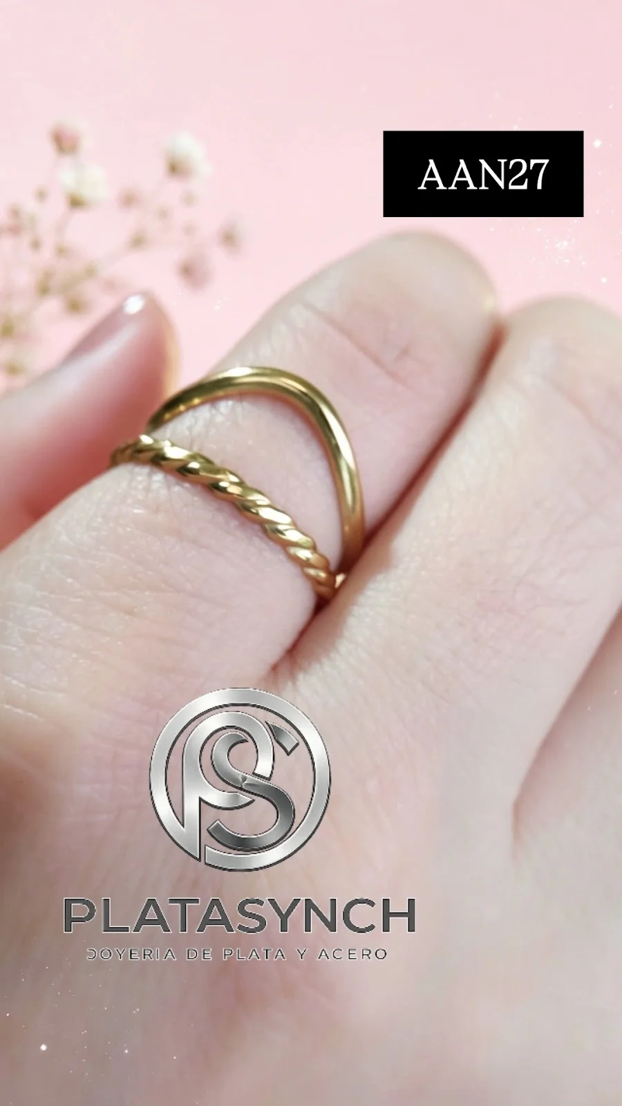 AAN27 - Anillo Acero Dorado, 2 lineas