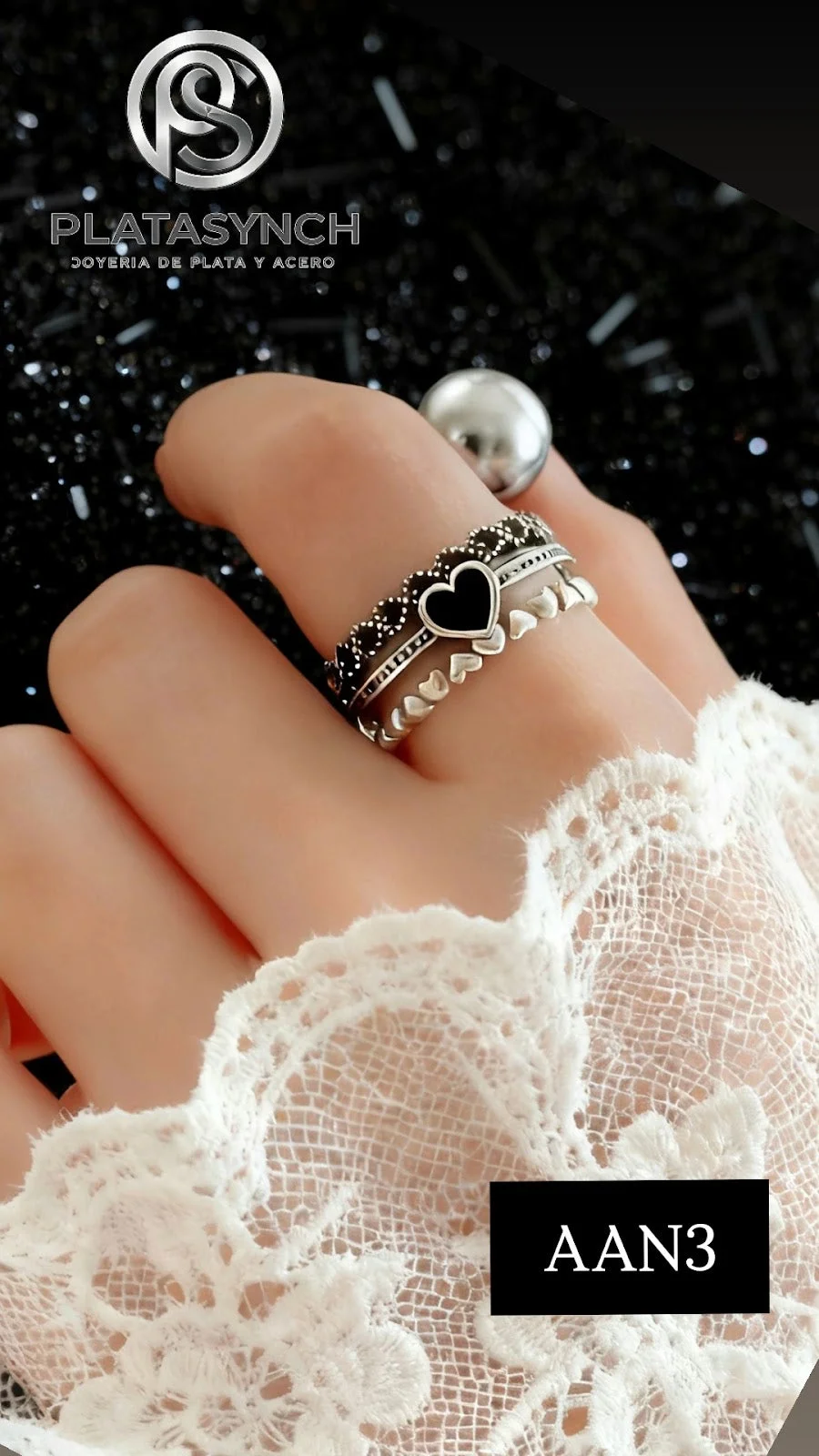 AAN3 - Anillo Acero plateado Corazon negro