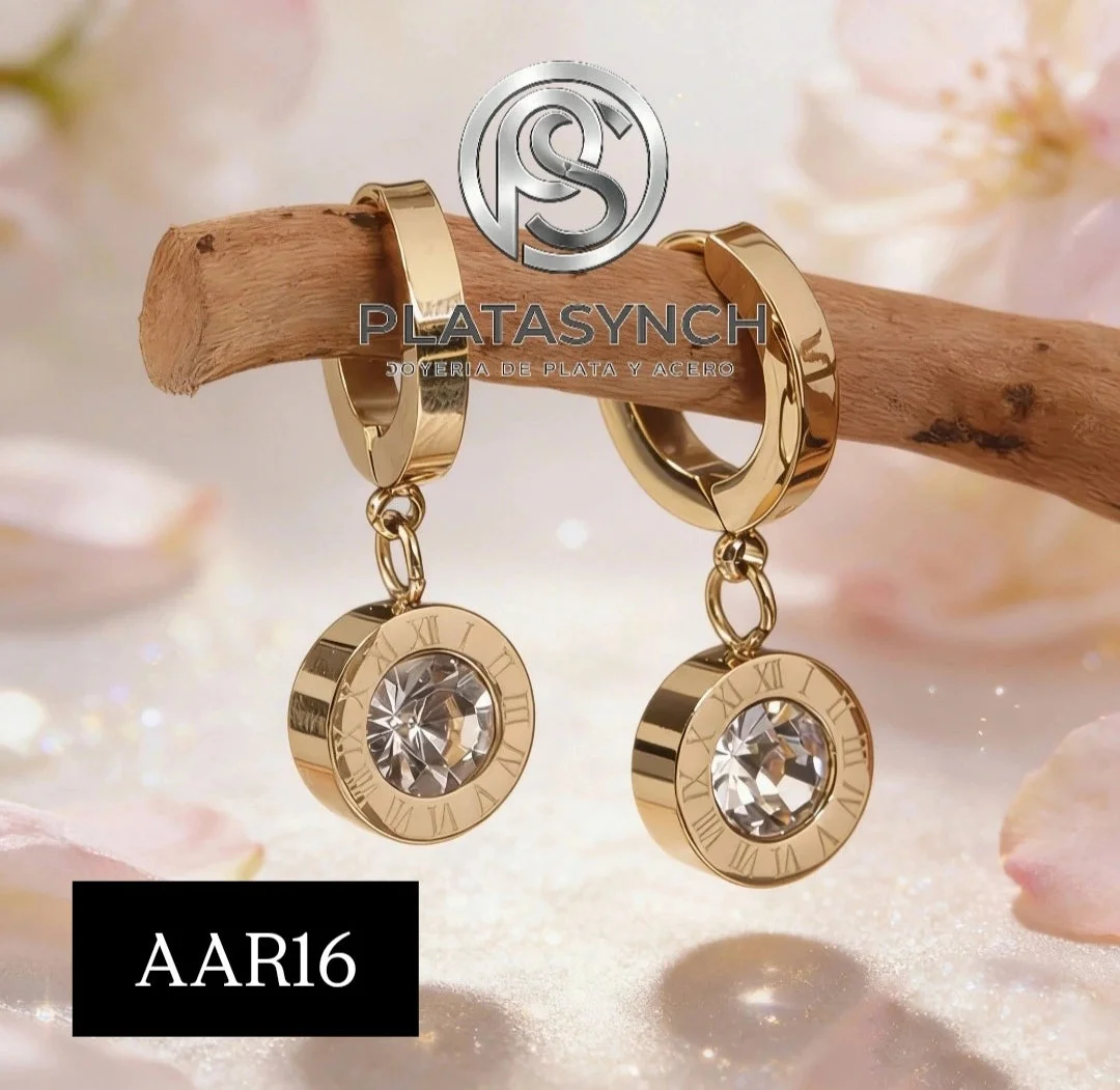 AAR16 Argollas Acero dorado - numeros romanos con cristales
