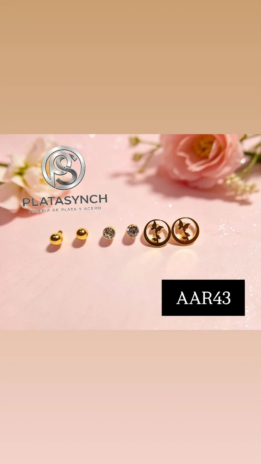 AAR43 - Trio aretes de acero dorado mariposas