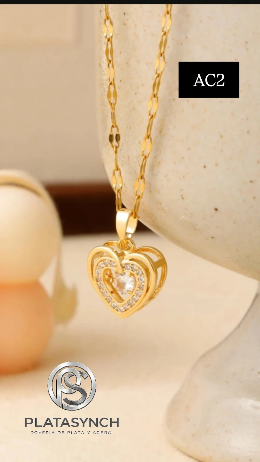 AC2 - Collar acero dorado, dije de Corazon 3D