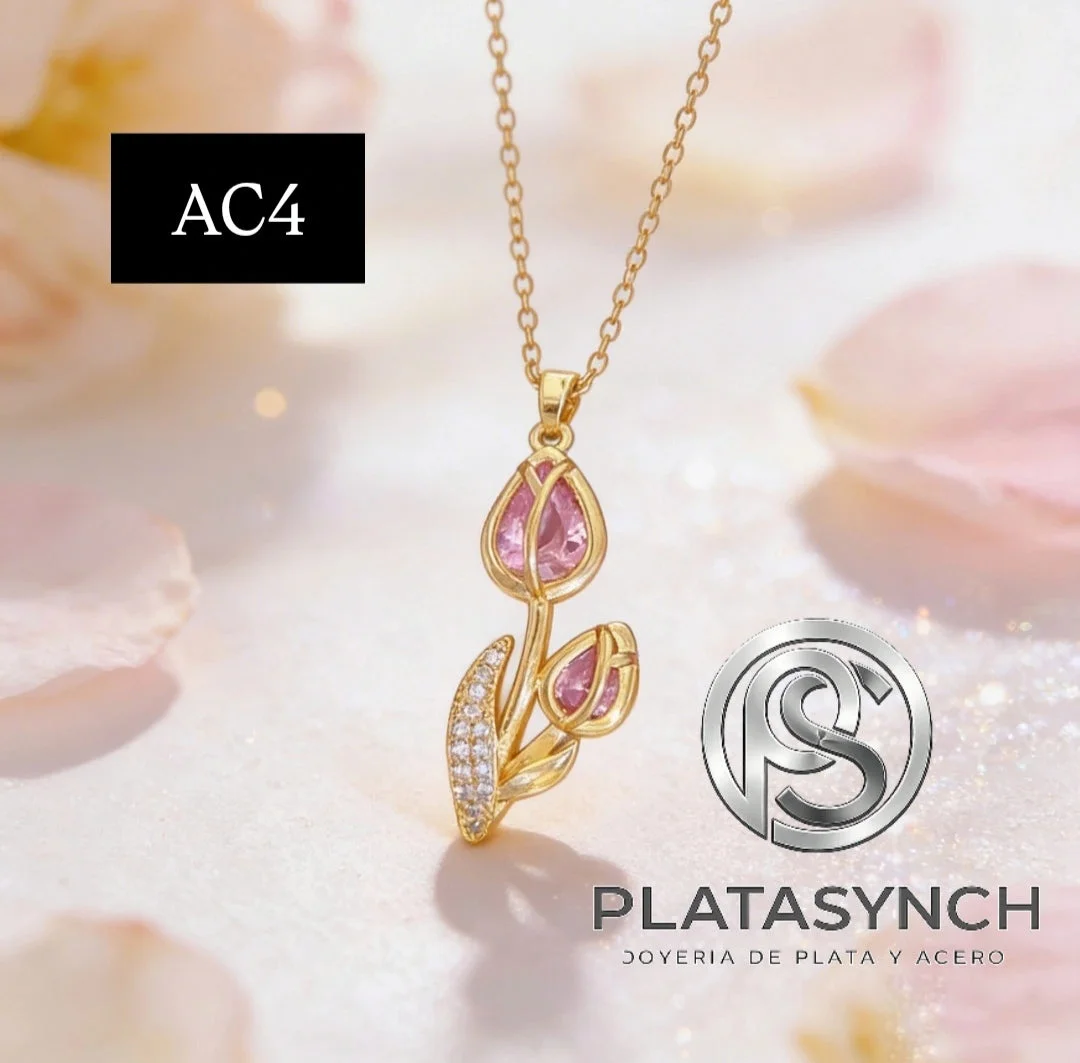 AC4 - Collar acero dije tulipan rosa con zirconeas blancas