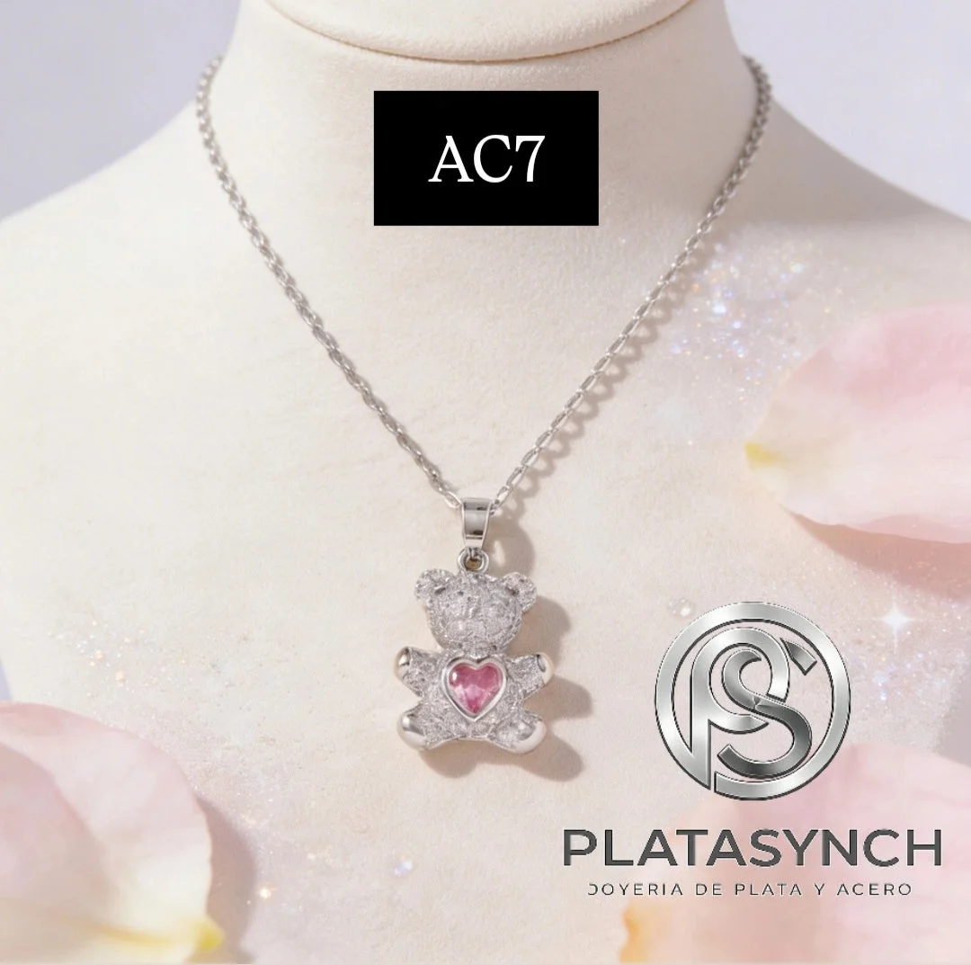 AC7 - Collar acero plateado, dije de Oso plateado corazon rosa