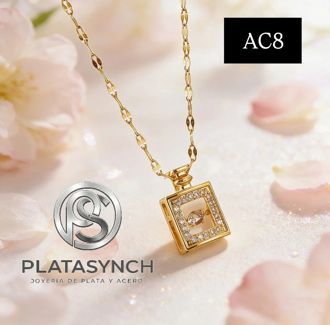 AC8 - Collar acero dorado, dije botella de perfume cuadrado