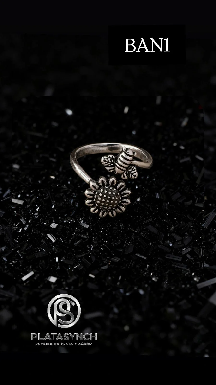 BAN1 - Anillo Brass - Retro plateado Flor y abeja