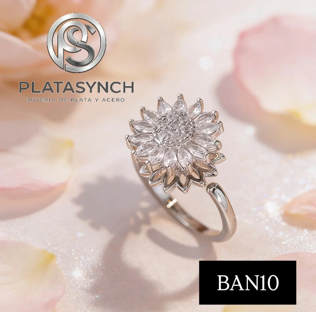 BAN10 - Anillo brass regulable girasol Plateado - giratorio