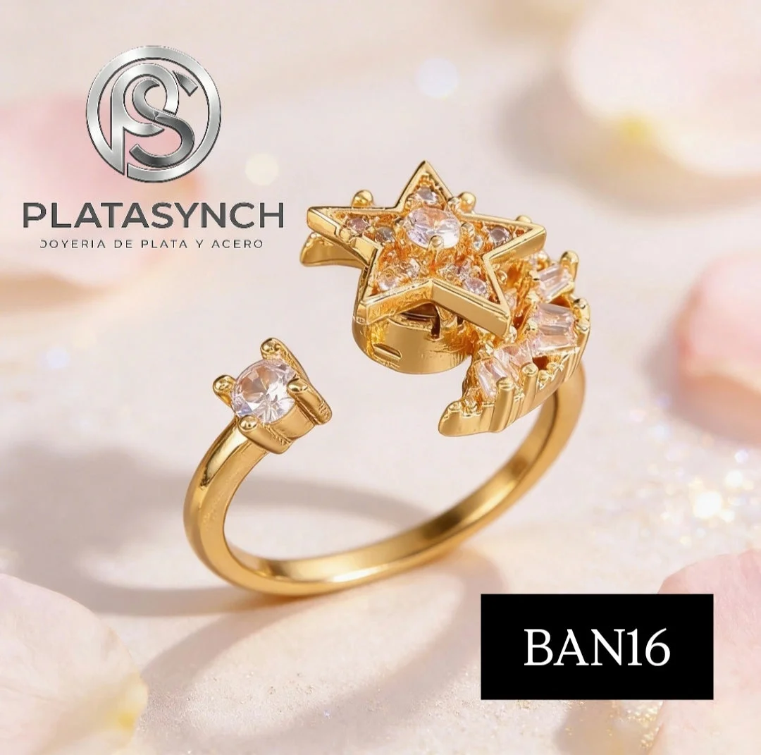 BAN16 - Anillo Brass dorado, giratorio estrella y Luna