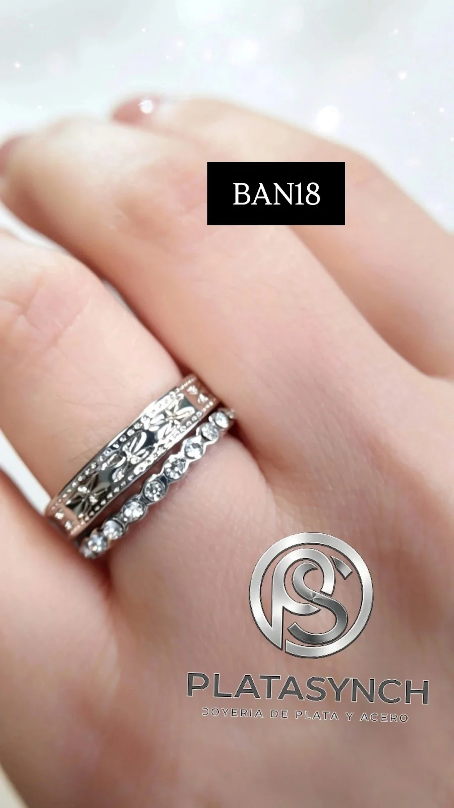 BAN18 - Anillo Brass plateado, Duo con hilera de circoneas