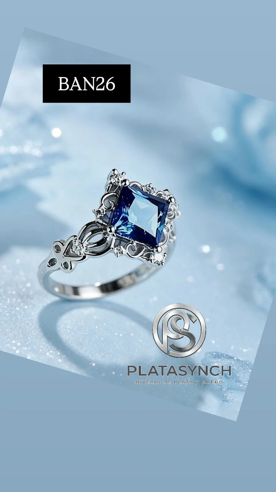 BAN26 - Anillo brass Circonea Azul - en forma de rombo