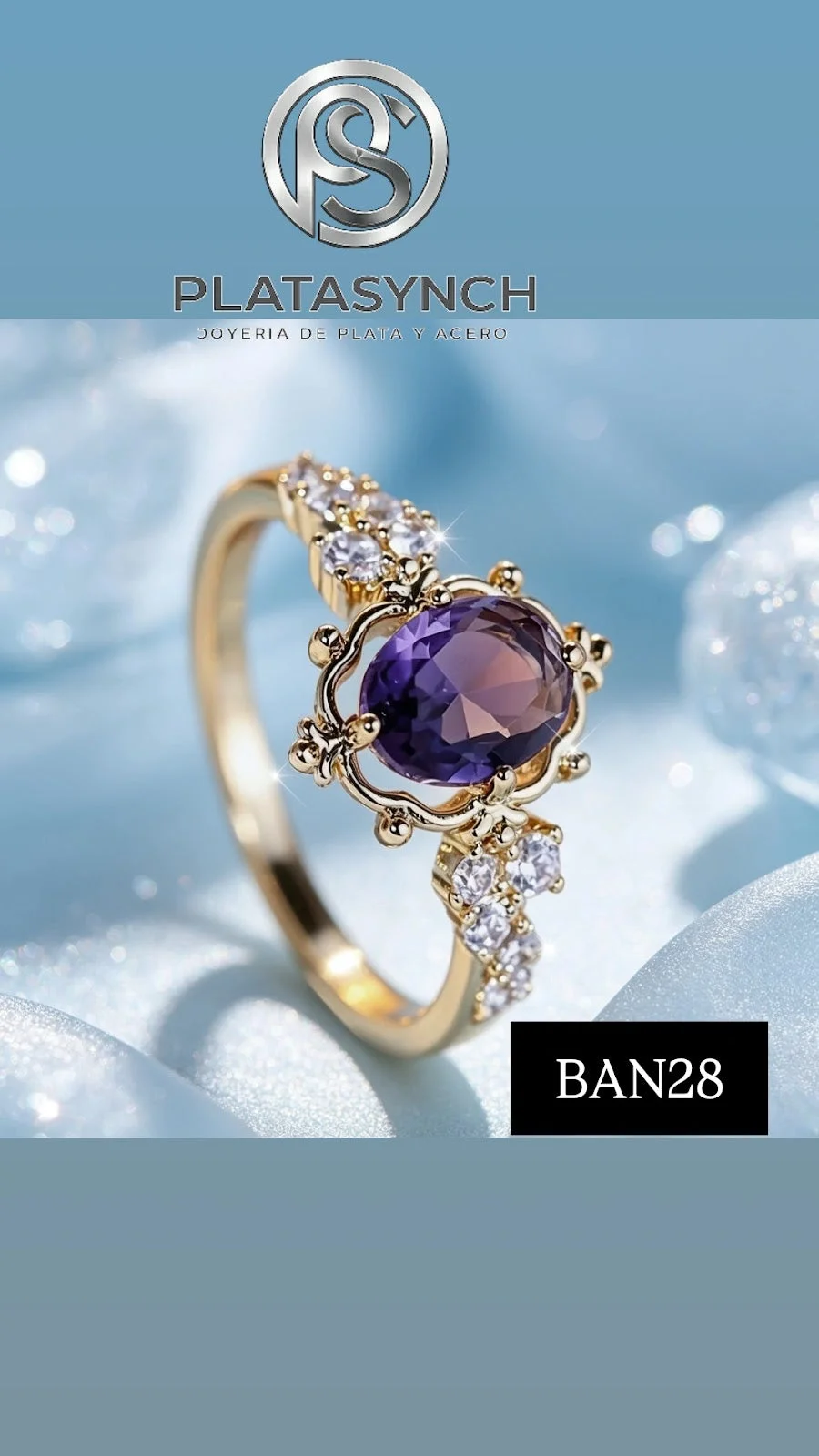 BAN28 - Anillo brass estilo princesa - Piedra morada lavanda
