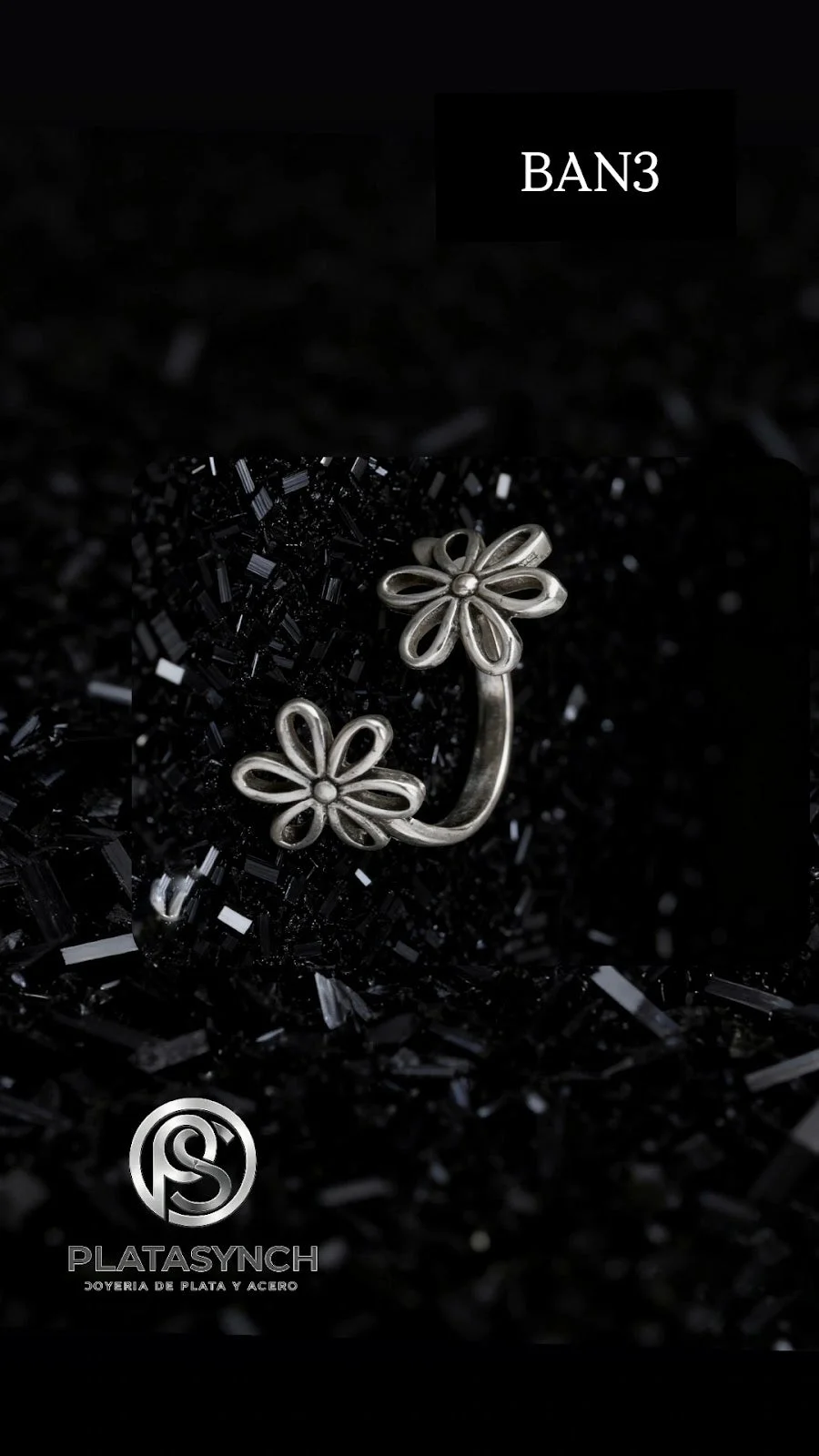 BAN3 - Anillo Brass- Retro plateado 2 flores