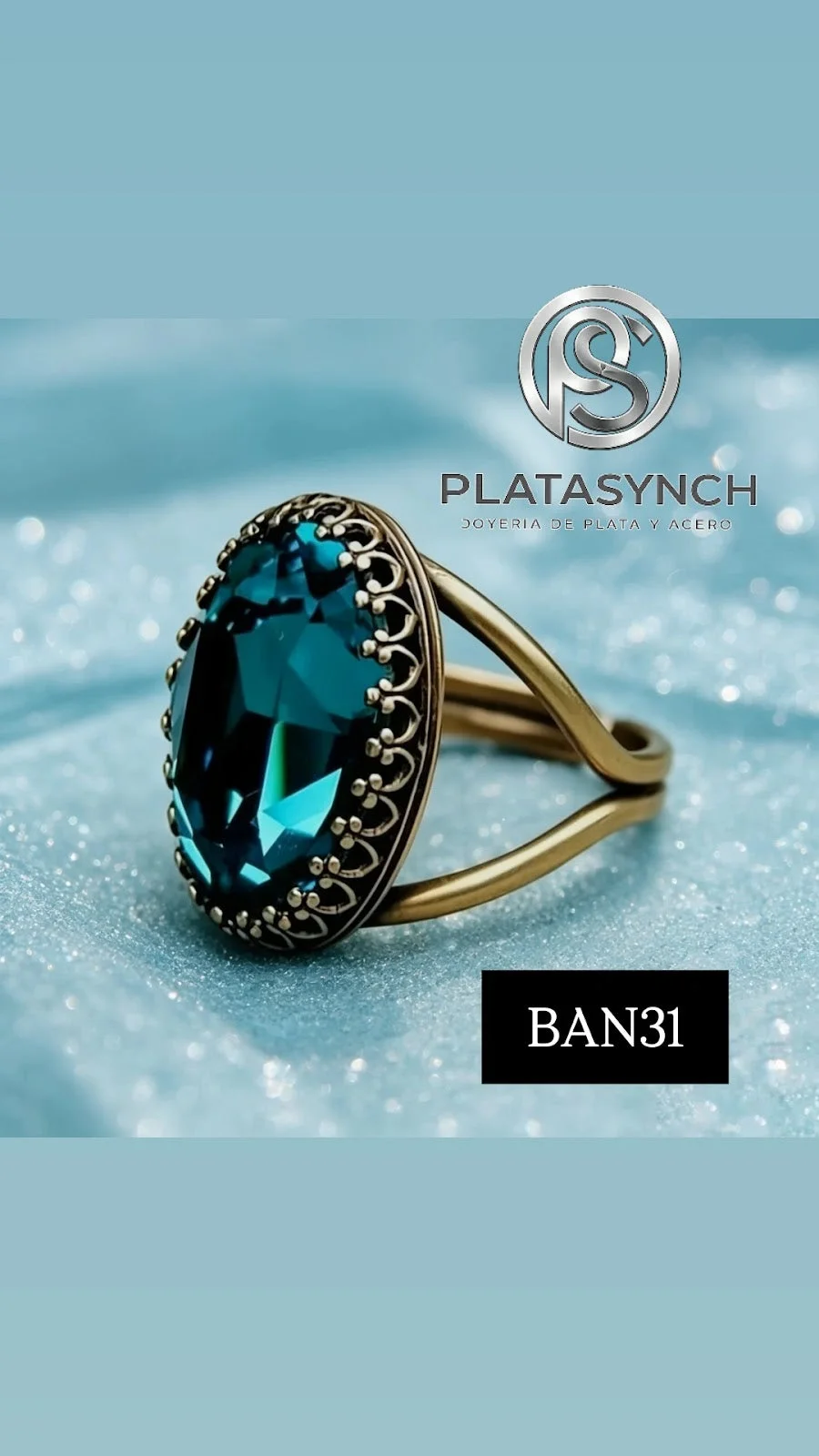BAN31 - Anillo brass azul ovalado - Zafiro sintetico