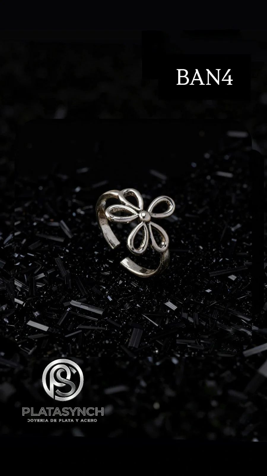 BAN4 - Anillo Brass - Retro plateado flor pequeña