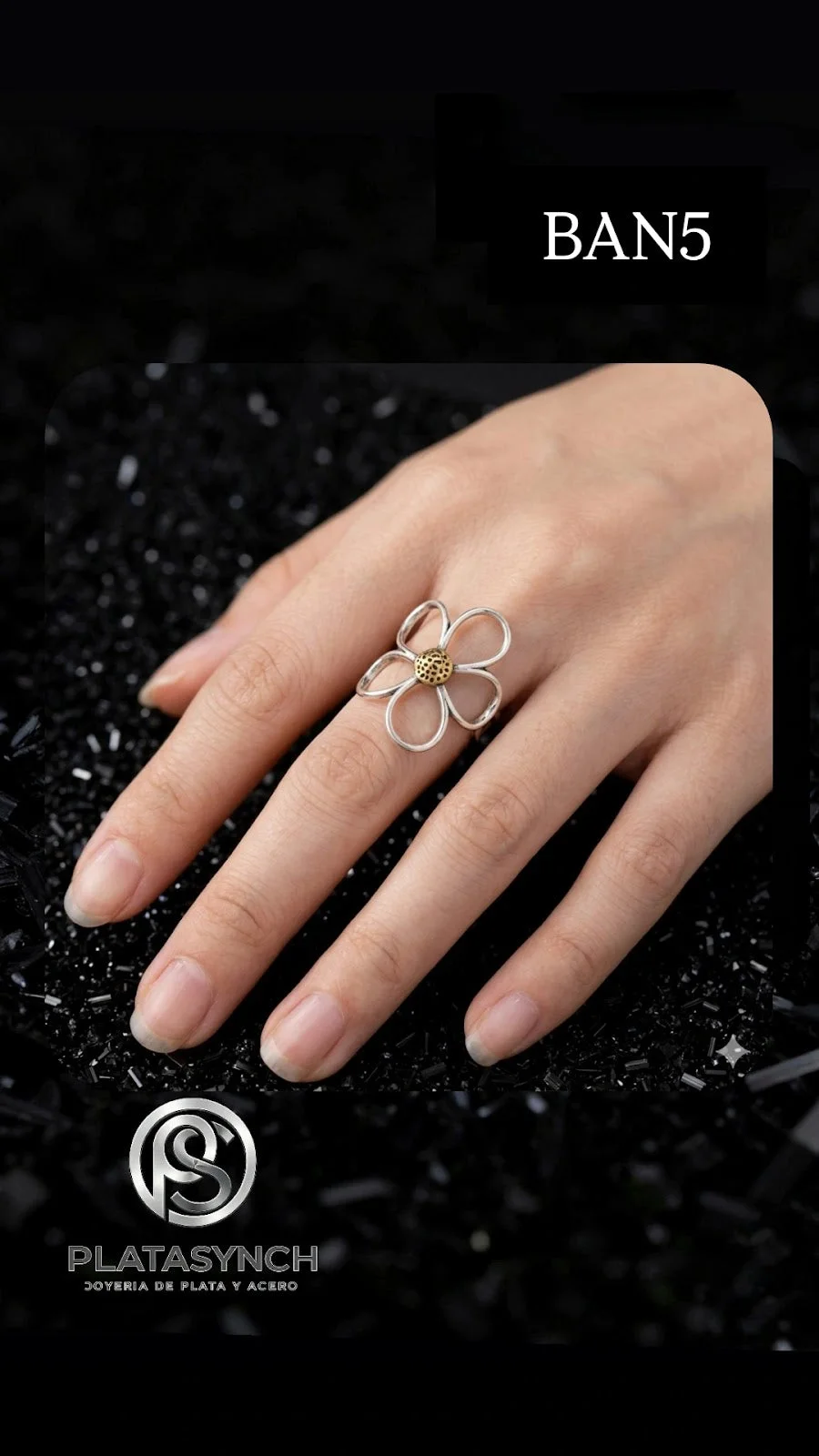 BAN5 - Anillo Brass - Retro plateado Flor Grande