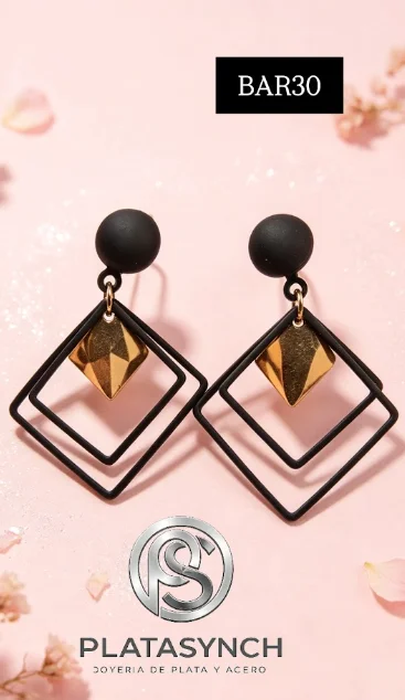 BAR30 - Aretes brass Negro con dorado - circulos y rombos