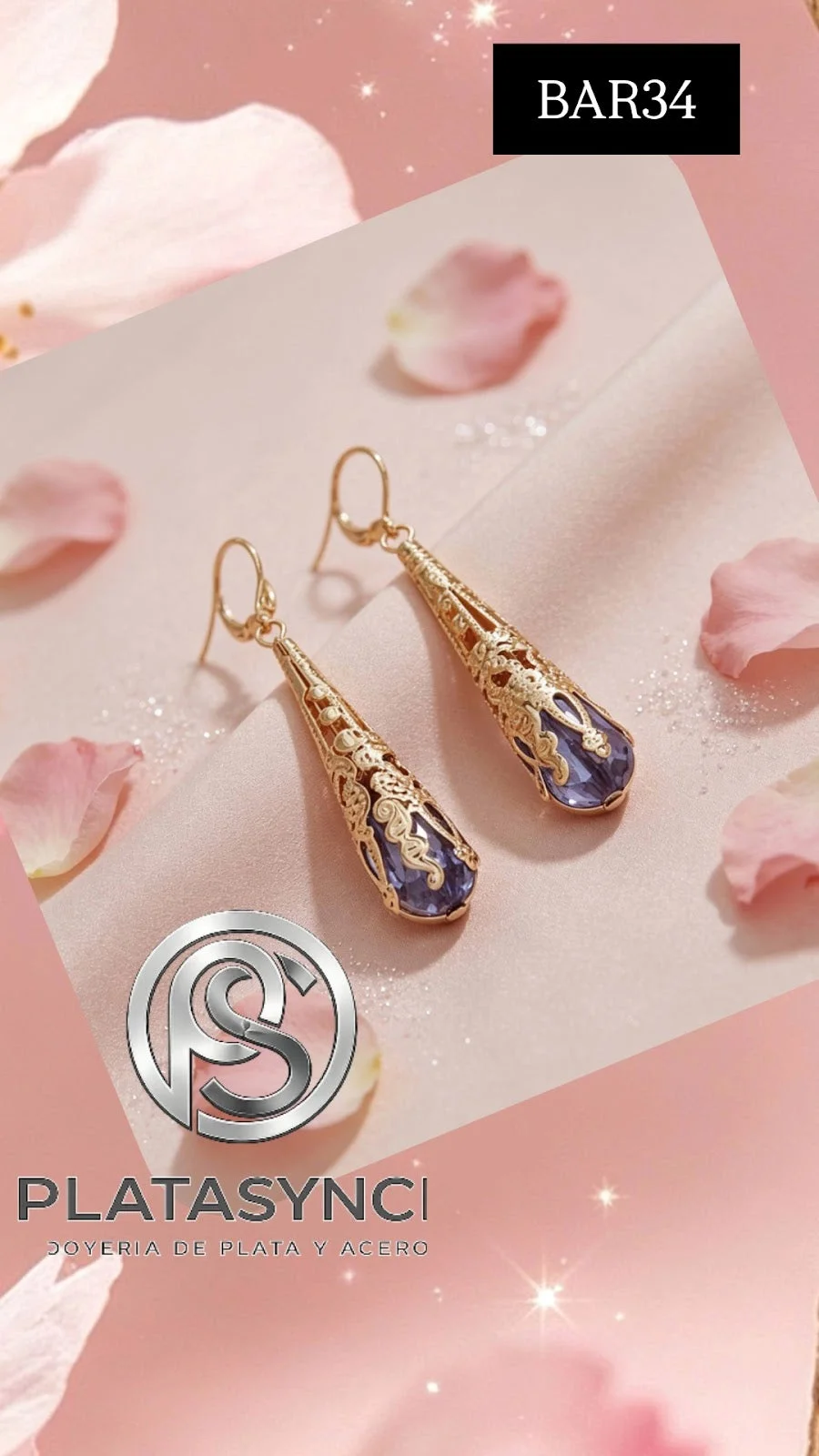 BAR34 - Pendientes largos brass con piedra purpura