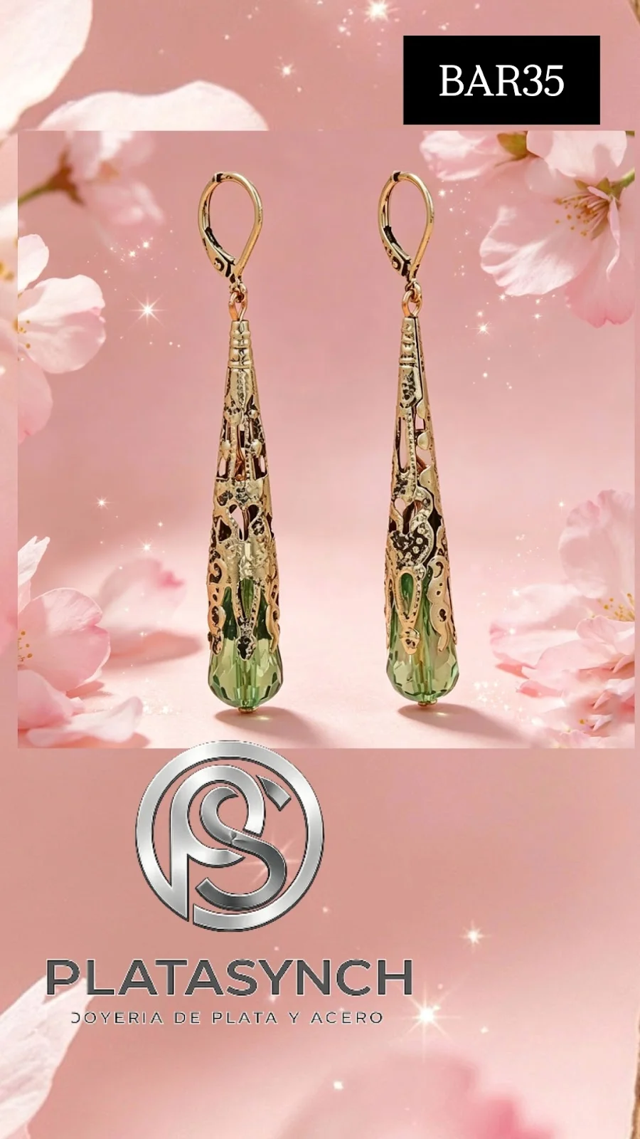BAR35 - Pendientes largos brass con piedra verde
