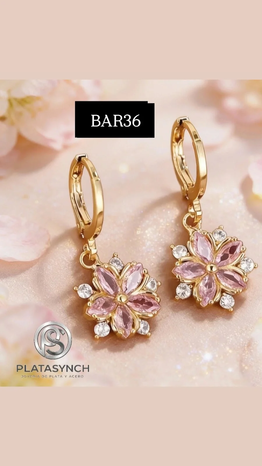 BAR36 - Argolla brass flor de cerezo rosa y blanco - dorado