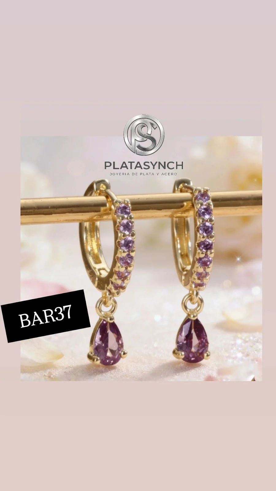 BAR37 - Argolla brass morado purpura Mini cub zirconea en forma de lagrima