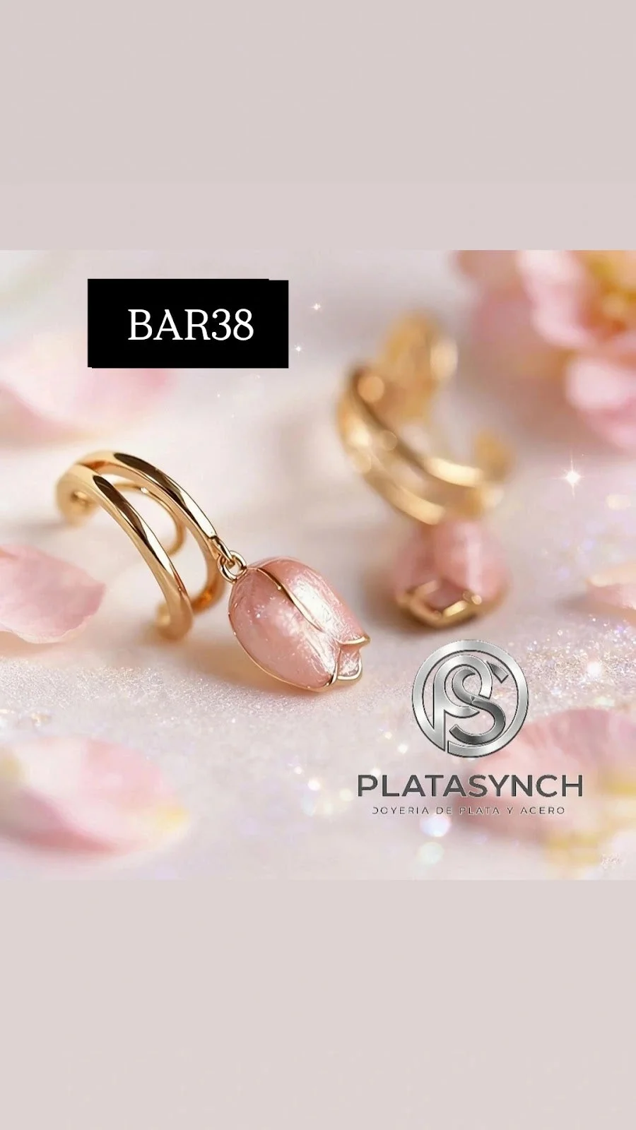 BAR38 - Aretes brass de palito - Tulipan rosa dorado