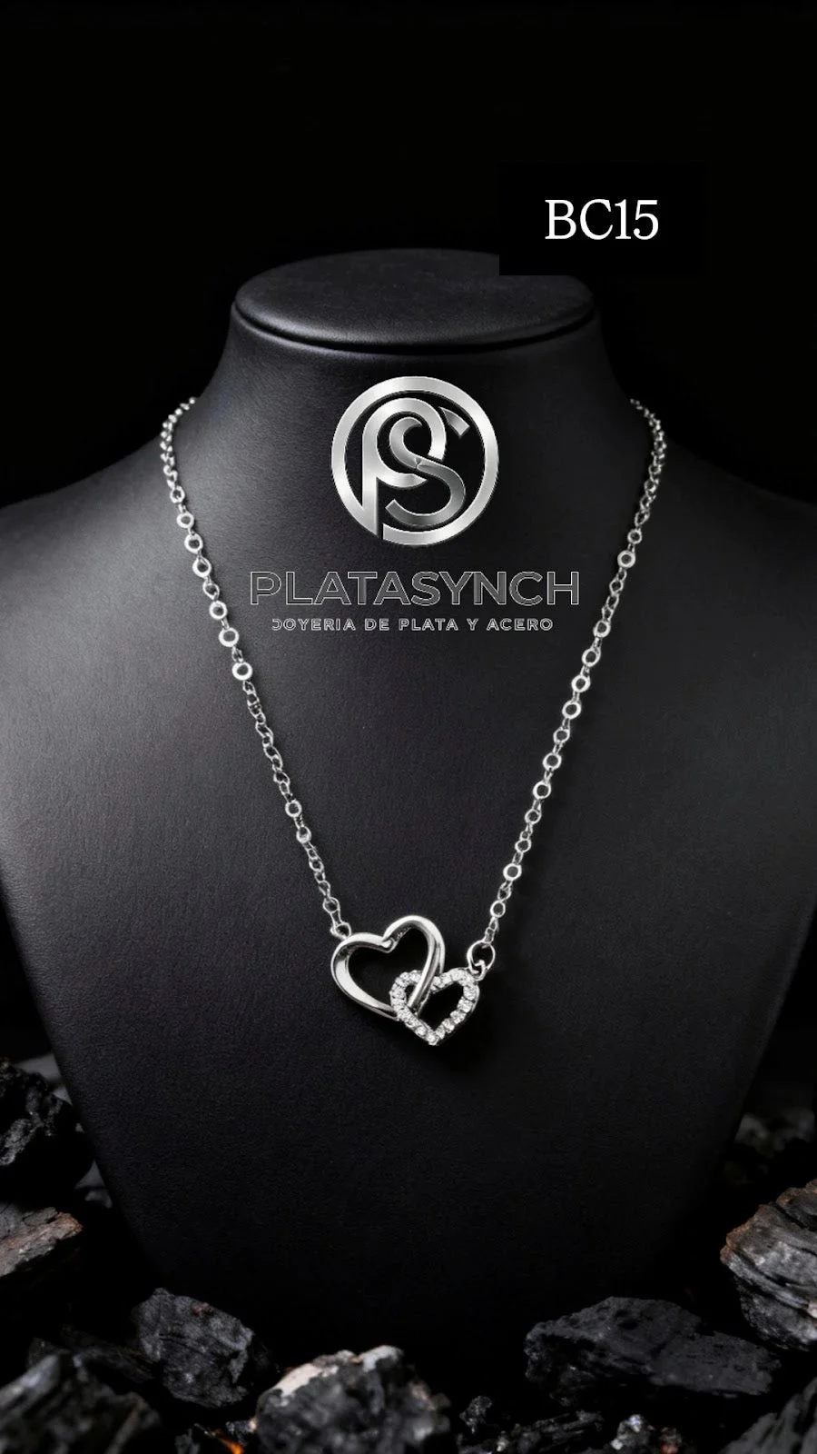 BC15 - Collar brass plateado 2 corazones, pequeno con circoneas