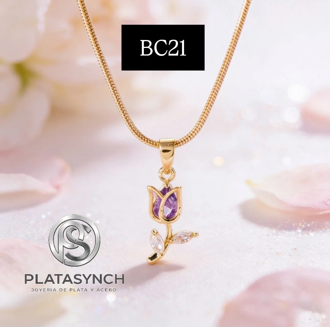 BC21 - Collar brass dorado, cadena de serpiente con dije de Tulipan Purpura dorado