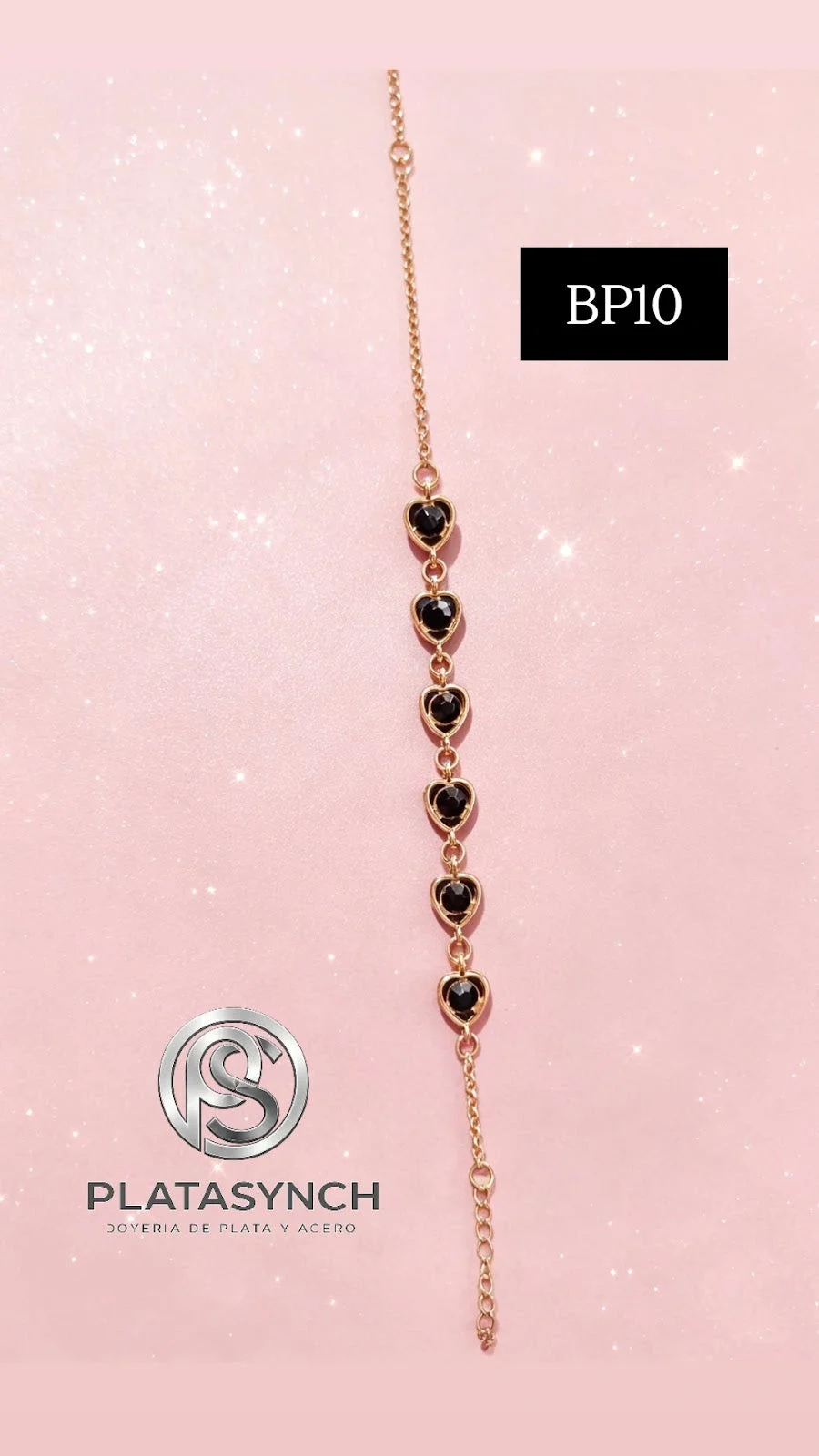 BP10 - Pulcera brass de corazones con piedra negra