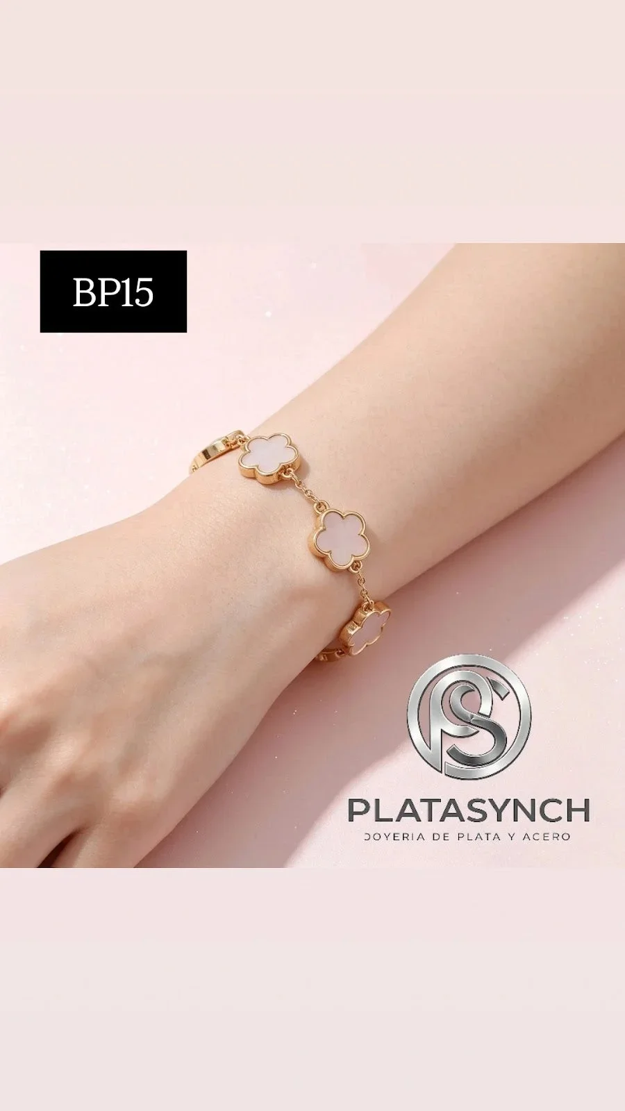 BP15 - Pulsera brass dorado Trébol Blanca
