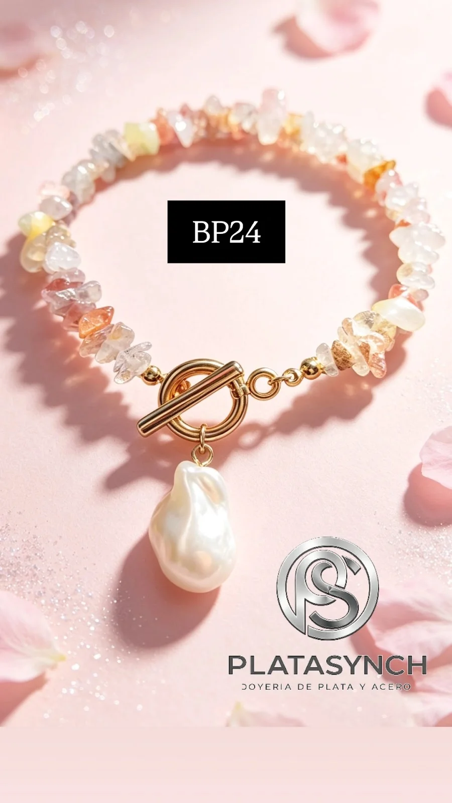 BP24 - Pulcera brass piedra natural marron - con perla blanca