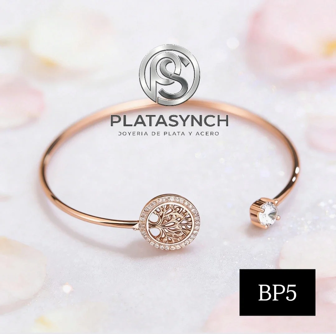 BP5 - Pulcera abierta ajustable - brass Rosa oro - arbol de vida y piedras