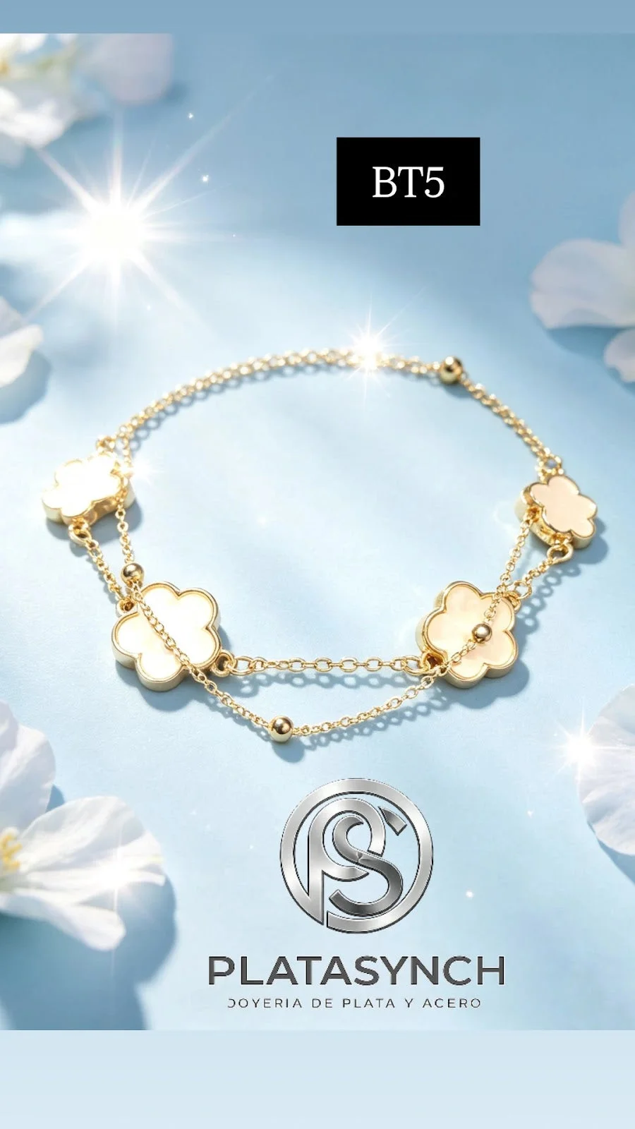 BT05 - Tobillera Brass Vanclif Blanca 4 flores - doble