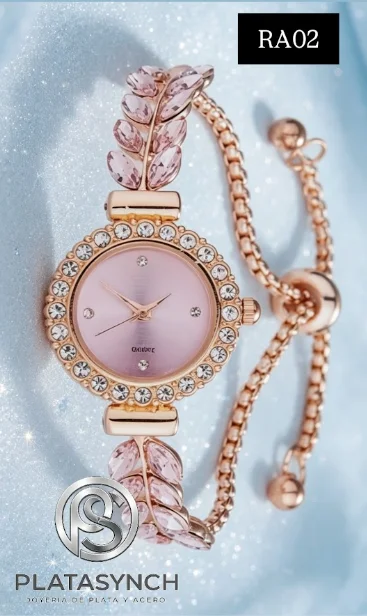 RA02 - Reloj Pulsera acero Rosa - correa de cristales forma de pluma y hoja