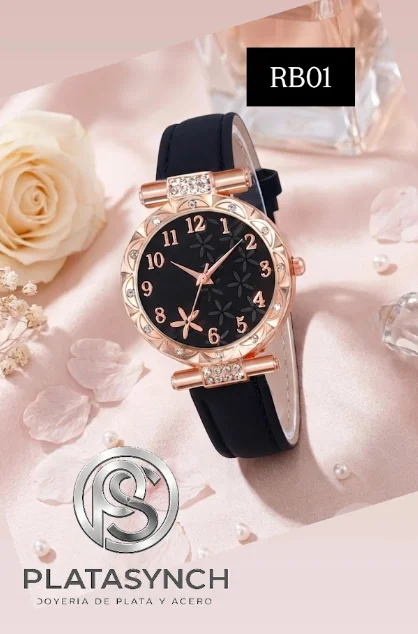 RB01 - Reloj de cuarzo brass Negro - con faja de cuero sintetico negro